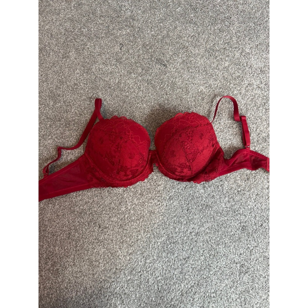 HM Red Lace Push Up Bra Womens 34D Floral Underwire Adjustable Straps